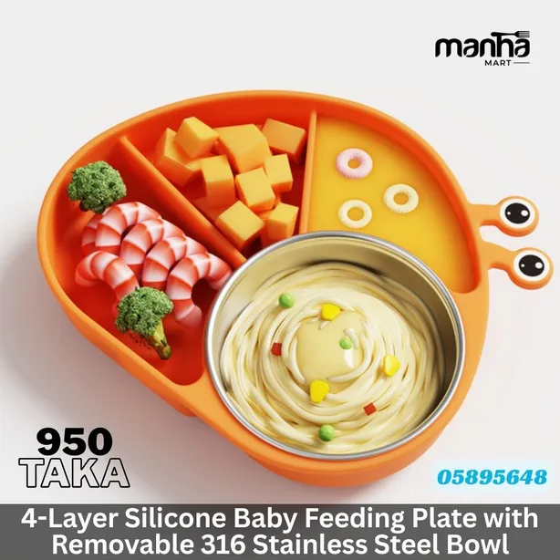 4-Layer Silicone Baby Feeding Plate with Removable 316 Stainless Steel Bowl