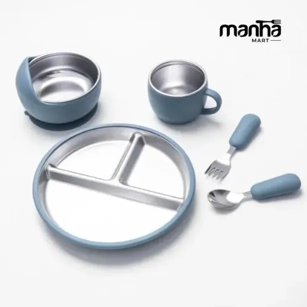 304 Stainless Steel Baby Feeding Set | Plate, Bowl, Cup, Spoon & Fork