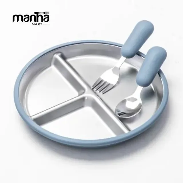 Silicone Suction Coated Stainless Steel Plate with 2 Spoons | Baby Feeding Plate