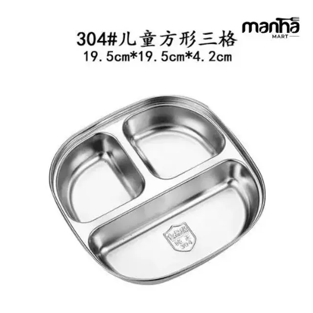 Full Stainless Steel 304 3-Compartment Cartoon Baby Plate – Square Design
